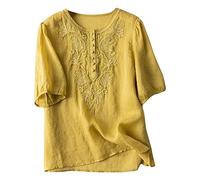 Ladies Blouses Embroidered Linen Tops for Women Half Sleeve Button Boho Tops Loose Fit Summer Tunic Blouse Plain Colour Ethnic Bohemian Tunics Fashion Leisure Wear Plus Size