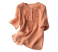 Ladies Blouses Embroidered Linen Tops for Women Half Sleeve Button Boho Tops Loose Fit Summer Tunic Blouse Plain Colour Ethnic Bohemian Tunics Fashion Leisure Wear Plus Size
