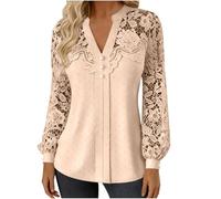 Ladies Blouses Lace Patchwork V Neck Blouse Pearl Buttons Shirts Soft Swiss Dot Lantern Long Sleeve Tops Lightweight Womens Blouse Business Commute Dinner Party Beige XXL