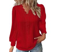 Ladies Blouses,Long Sleeve Tops for Women UK Elegant Lace Splicing Hollow Bubble V Neck Shirt Solid Color Plus Size Blouses Ladies Dressy Soft Casual Tunic Top for Work Office,Red M