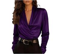 Ladies Blouses Silky Satin Wrap Deep V Neck Tops Long Sleeve Elegant Drape Shirts Soft Smooth Comfy Blouse Dinner Party Date Night Womens Dressy Shirt Purple S
