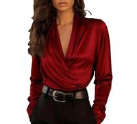 Ladies Blouses Silky Satin Wrap Deep V Neck Tops Long Sleeve Elegant Drape Shirts Soft Smooth Comfy Blouse Dinner Party Date Night Womens Dressy Shirt Red M