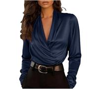 Ladies Blouses Silky Satin Wrap Deep V Neck Tops Long Sleeve Elegant Drape Shirts Soft Smooth Comfy Blouse Dinner Party Date Night Womens Dressy Shirt Navy M