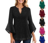 Ladies Blouses Top 3/4 Bell Sleeve Sequin Tunic Tops Casual Dressy V Neck Black Red Pink Double Layered Party Holiday Beach Elegant Wear Orange Green Blue Chiffon Work Blouse Shirts S-3XL XS S M L XL