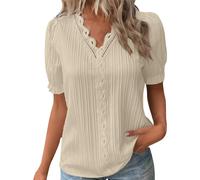 Ladies Blouses Womens Lace V Neck Puff Sleeve Top Plisse Top Summer Chiffon Tunics Dressy Casual Outfits Work Clothes Women's Blouses and Shirts Beige