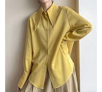 Ladies Blouses,Women'S Satin Silk Shirt Vintage Yellow Turn Down Collar Chic Blouse Cardigan Jacket Elegant Charm Office Business Blouse Long Sleeve Button Down Blouses Casual Tunic Tops Streetwear