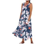 Ladies Boho Dresses Elegant Swing Floral Printed Round Neck Sleeveless Dresses Oversized Maxi Tank Dress with Pockets Skater Dress Plus Size (Dark Blue, 3XL)