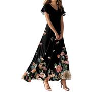 Ladies Boho Maxi Dress Casual Floral Printed A Line Sundress V Neck Short Puff Sleeve Summer Long Swing Dresses,Red,XL
