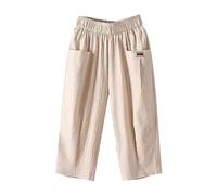 Ladies Boho Trousers Elasticated High Waist with Pockets Straight Leg Trousers Comfy Soft Summer Crop 3/4 Palazzo Boho Joggers Casual 3/4 Length Pants Plus Size Stretch Linen Cotton Short Beige