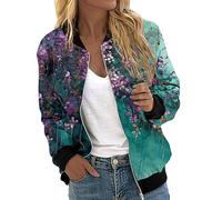 Ladies Bomber Jacket Casual Zip-up Shacket, Women's Floral Jackets Summer Flight Coat Lightweight Long Sleeve Parka Sport Outwear Green XXL