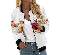 Ladies Bomber Jacket Women's Floral Jacket, Summer Lightweight Flight Coat Long Sleeve Casual Zip-up Shacket Parka Sport Outwear Office WorkWear White M