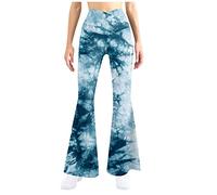 Ladies Bootcut Yoga Pants Tie-dye Printed Flared Leggings Full Length Crossover Casual Bootleg Trousers Elastic High Waist Leggings Shaping Wide Leg Bottom Work Trousers