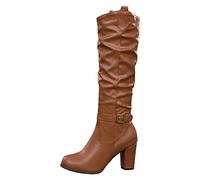 Ladies Boots 2022 Women's Western Denim Thick Heel Round Head High Rise Boots Solid Pleated Pile