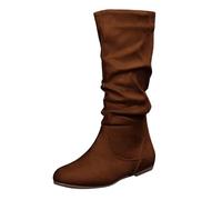 Ladies Boots Size 8 Wide fit Women's Flat Boots Women's Spring and Autumn Winter Large Size Mid Calf Boots Side Zipper Pleated Pile Boots Flat Suede Brown Ladies Boots Water Proof Shoes (Coffee, 6)