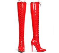Ladies boots thigh high heel over the knee front Lace-up with side zip Stiletto high heels pointed toe women leather boots (Red Patent, UK Footwear Size System, Adult, Women, Numeric, Medium, 11)