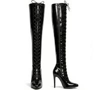 Ladies boots thigh high heel over the knee front Lace-up with side zip Stiletto high heels pointed toe women leather boots (Black Patent, UK Footwear Size System, Adult, Women, Numeric, Medium, 8)