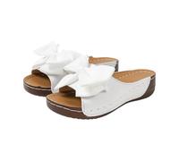 Ladies Bow Wedge Sandals Orthopedic Arch Support Walking Platform Sliders Comfy Cushion No Slip Open Toe Slippers Womens Summer Casual Beach Vacation Travel Slip On Shoes White 7.5