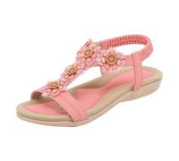 Ladies Braided T-Strap Design Embellished Trim Elasticated Back Strap Flat Sandals Pink