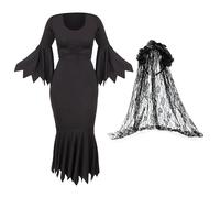 Ladies Bride of Darkness Costume - Large - Black Dress with Jagged Edges, Black Rose Veil - Womens Halloween Fancy Dress Costume