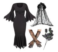 Ladies Bride of Darkness Costume - X-Small - Black Dress With Jagged Edges, Rose Veil, Spiderweb Gloves, Rose Bouquet - Women's Halloween Fancy Dress