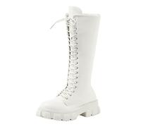 Ladies British Solid Leather Lace Up Side Zip Platform Fashion Long Boots Knee High Boots Women Heel (White, 5)