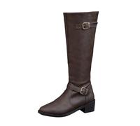Ladies British Style Leather Knee High Boots with Belt Buckle Decorative Side Zipper Fashion Long Tube Boots for Women (Coffee, 5)
