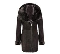 Ladies Brown Hooded Shearling Sheepskin Merino Suede Leather Coat L