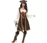 Smiffys High Seas Pirate Wench Costume, Brown with Dress, Trousers and Baldric, Pirate Fancy Dress, Pirate Dress Up Costumes