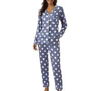 Ladies Brushed Cotton Pyjamas Fleece Womens Tops Cute Pajama Sets For Women Long Sleeve Sleepwear Button Loungewear Soft 2 Piece Pj Set With Pockets Long Womens Cat Pyjamas Fleece Dark Blue M