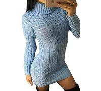 Ladies Cable Knit Long Jumper Polo Neck Short Dress Womens Winter Fashion Long Sleeve Warm Dress Sky Blue UK 12-14