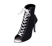 Ladies Canvas 10cm High Heel Lace Up Ankle Boots | High Heels with Zip Pole Dance Stiletto Heel Sandals Party Dance Boots Open Toe Bootie Summer Dance Shoes
