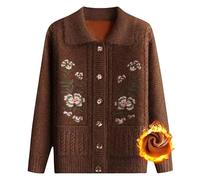 Ladies Cardigan Exquisite Handmade Embroidery Flower Middle-Aged and Elderly Knitted Cardigan Sweaters Lapel Cardigan Cable Knit Cardigan Women Old Lady Costume Brown XXS