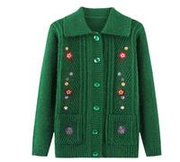 Ladies Cardigan,Middle-Aged and Elderly Knitted Cardigan Sweaters - Old Lady Sweater Floral Embroidered Velvet Lining Knitwear Thick Fleece Warm Jacquard Sweater Coat Grandma Gifts Green (Velvet) L