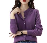 Ladies Cardigan Sweater O Neck Spring Autumn Knitted Cashmere Cardigan Solid Color Single Breasted Casual Cardigan Violet L (50kg-55kg)