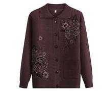 Ladies Cardigans,Middle-Aged and Elderly Knitted Cardigan Sweaters - Old Lady Sweaters for Women Knitwear Jacquard Jacket Thick Winter Warm Old Lady Costume Grandma Gifts Dark Brown Xs