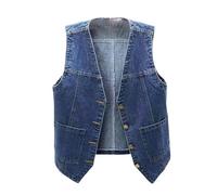 Ladies Cardigans Size 18 Uk Womens Casual Jean Vest V Neck Open Front Button Down Sleeveless Lightweight Solid Color Denim Jacket Autumn Loose Boyfriend Waistcoat with Pockets Loungewear UK Dark Blue