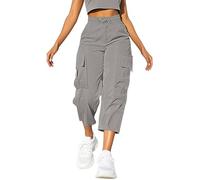 Ladies Cargo Pants Cropped Trousers Women Summer Cargo Capri Joggers Drawstring Y2k Baggy Workwear Pants Ladies Casual Relaxed Walking Combat Streetwear Sweatpants with Side Pockets (Grey, L)