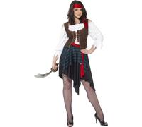 Smiffys Pirate Lady Costume, Brown with Shirt Attached Waistcoat Skirt Belt & Headband, Womens Pirate Fancy Dress Outfit for Halloween Parties Sea Captain Cosplay Events Adults Large