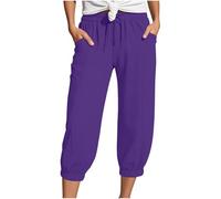 Ladies Casual Loose Comfy Capri Pants with Side Pockets Linen 3/4 Cropped Cuffed Ankles Trousers Womens Solid Color Cotton Linen Pants Drawstring Elasticed Waist Wide Leg Trousers Dark Blue