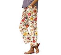 Ladies Casual Patterned Trousers Elasticated Waist - Trousers Womens Short Leg Petite - Summerpants Haremtrousers with Pockets Joggers Baggy High Waistedtrousers Summertrousers Petitetrousers Beige