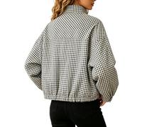 Ladies Casual Plaid Jackets High Neck Drawstring Hem Casual Lightweight | Women's Checked Jackets Bomber Gingham Jacket With Pockets Stand Collar Long Sleeve Zip Up Drawstring Hem Windbreaker Coats