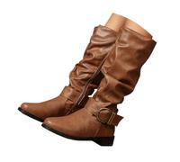 Ladies Casual Solid Round Head Chunky Heel Sleeve Plus Size Western Retro Mid Calf Boots