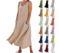 Ladies Casual Summer Dresses Summer Cotton Linen Solid Color Crew Neck Sleeveless Dresses Tunic Tank Dress with Pockets Elegant Dress for Women (Coffee, L)