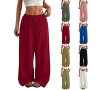 Ladies Casual Summer Trousers,Wide Leg Trousers for Women UK Summer Casual Drawstring Elasticated Waist Long Palazzo Pants High Waisted Loose Baggy Ladies Plain Lounge Bottoms Red