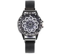 Ladies Casual Watch Skeleton Rotating Dial Diamond Analog Quartz Watch Mesh Strap, Black