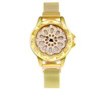 Ladies Casual Watch Skeleton Rotating Dial Diamond Analog Quartz Watch Mesh Strap, gold