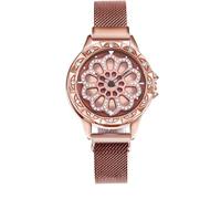 Ladies Casual Watch Skeleton Rotating Dial Diamond Analog Quartz Watch Mesh Strap, mocha