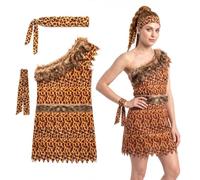 Ladies Caveman Costume - Deluxe Cave Woman Leopard Print Tunic, Matching Headband & Armband - Adults Womens Cave Dweller Halloweeen Fancy Dress Costume