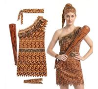 Ladies Caveman Costume - Deluxe Cave Woman Leopard Print Tunic, Matching Headband & Armband, Inflatable Cavemen Club - Womens Cave Dweller Halloweeen Fancy Dress Costume