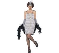 Smiffys Flapper Costume, Silver with Short Dress, Headband & Gloves, 1920's Razzle Fancy Dress, Adult Dress Up Costumes